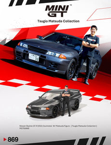 Mini GT 869 Nissan Skyline GT-R (R32) Nismo Gunmetal With Matsuda Figure